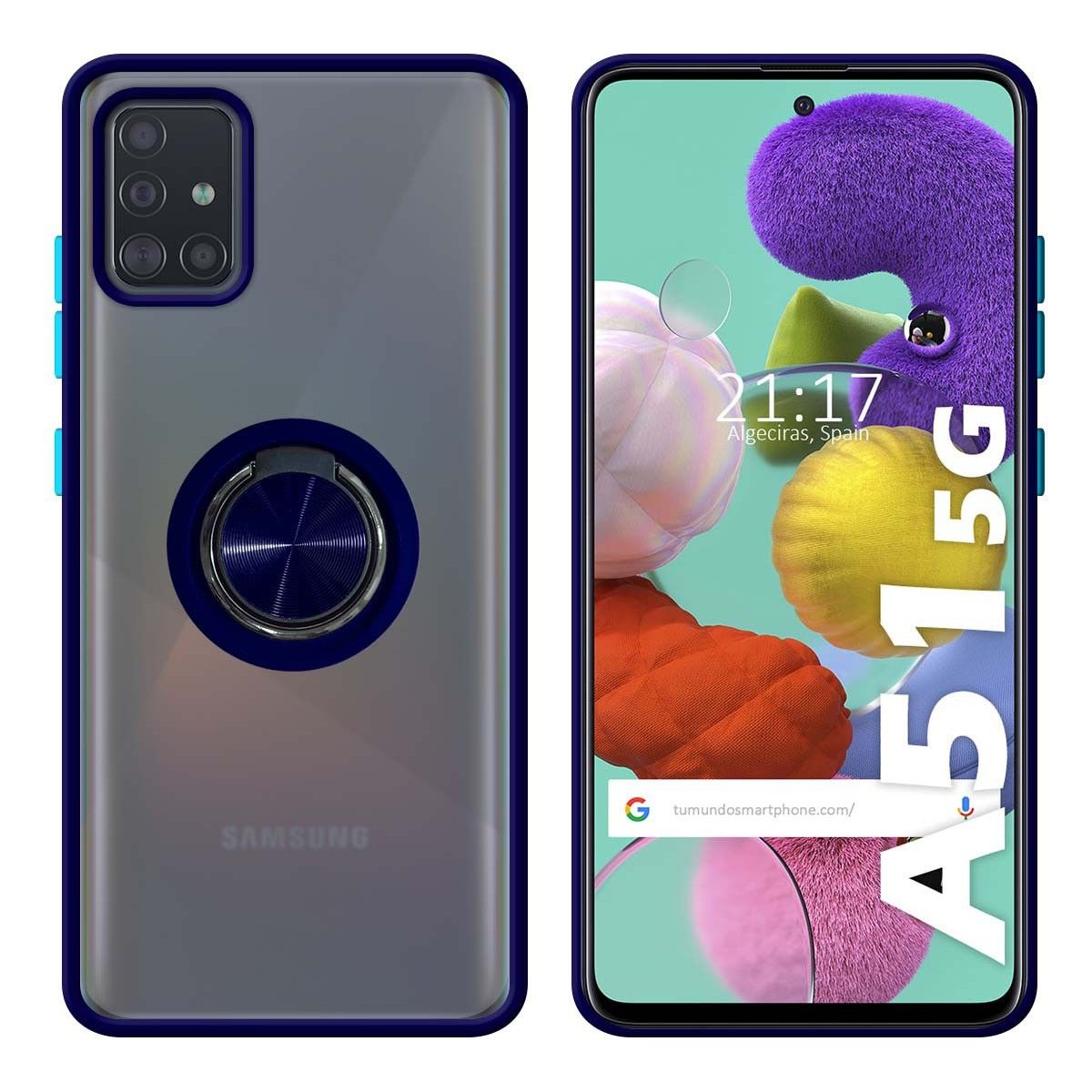 Funda Mate con Borde Azul y Anillo Giratorio 360 para Samsung Galaxy A51 5G
