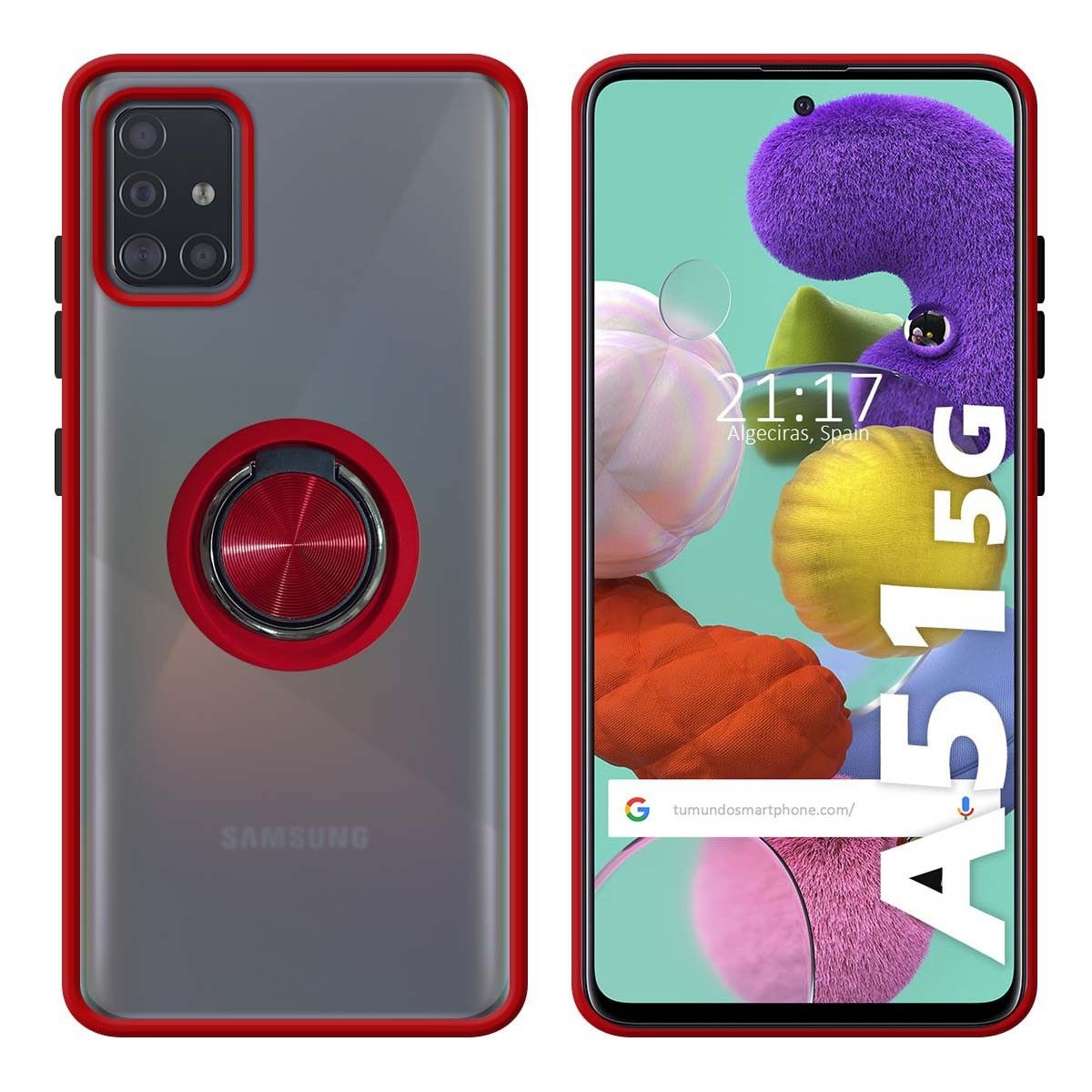 Funda Mate con Borde Rojo y Anillo Giratorio 360 para Samsung Galaxy A51 5G