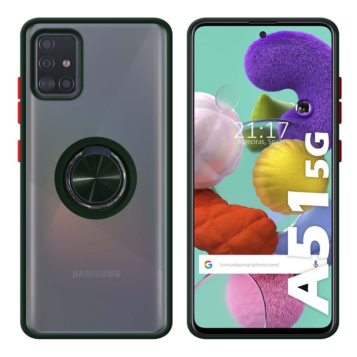 Funda Mate con Borde Verde y Anillo Giratorio 360 para Samsung Galaxy A51 5G
