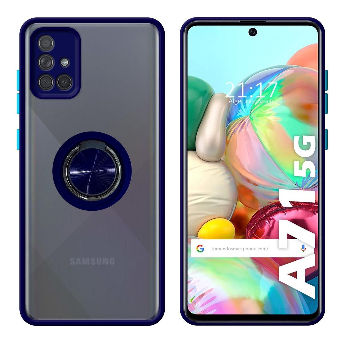 Funda Mate con Borde Azul y Anillo Giratorio 360 para Samsung Galaxy A71 5G