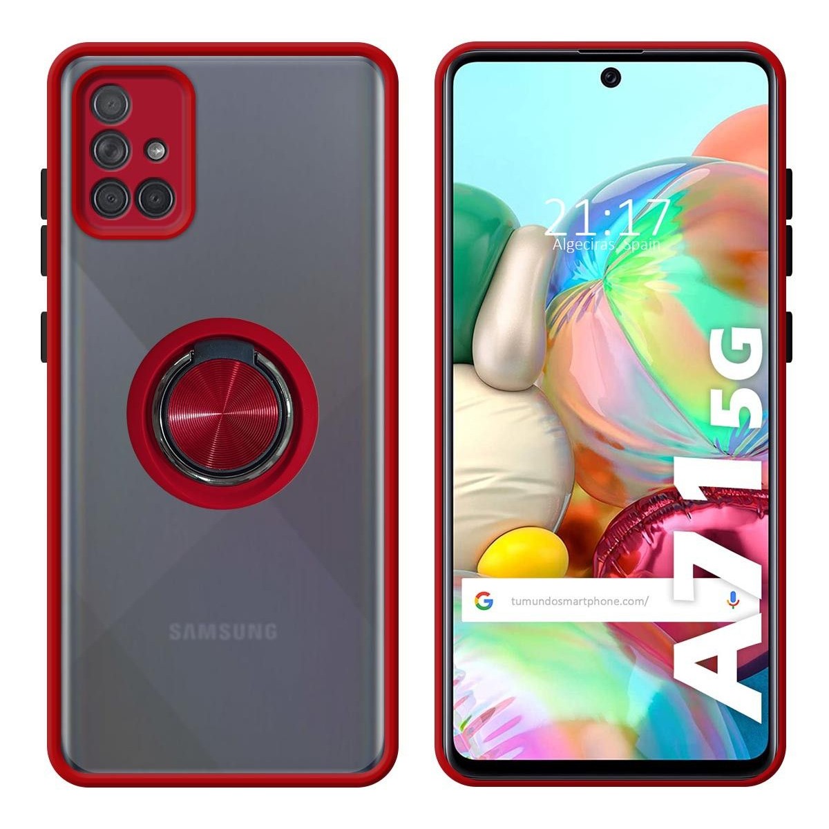 Funda Mate con Borde Rojo y Anillo Giratorio 360 para Samsung Galaxy A71 5G