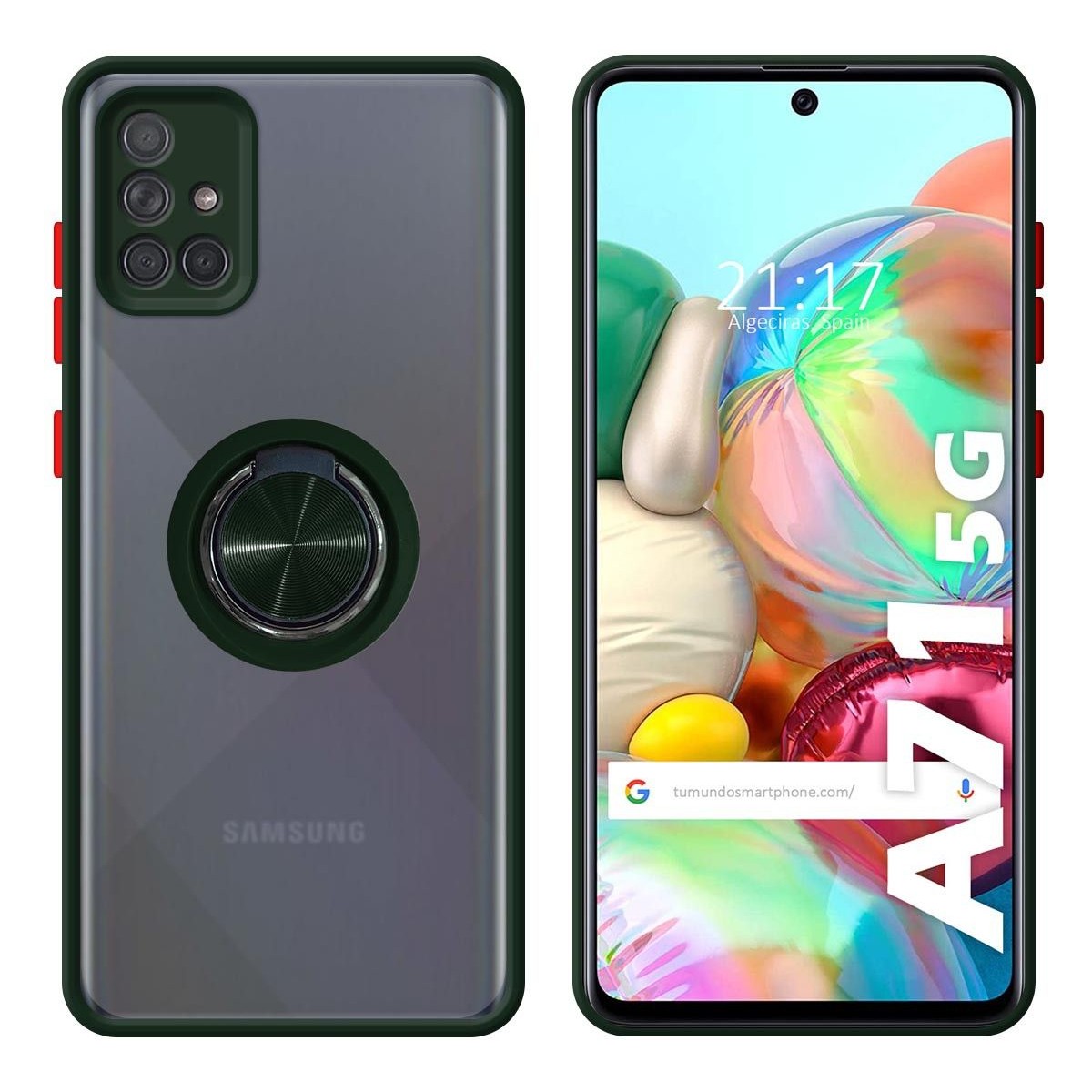 Funda Mate con Borde Verde y Anillo Giratorio 360 para Samsung Galaxy A71 5G