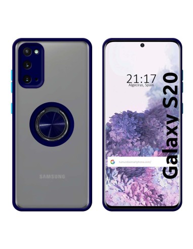 Funda Mate con Borde Azul y Anillo Giratorio 360 para Samsung Galaxy S20