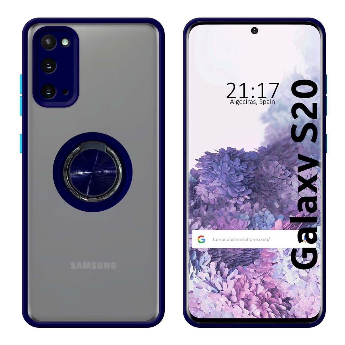 Funda Mate con Borde Azul y Anillo Giratorio 360 para Samsung Galaxy S20