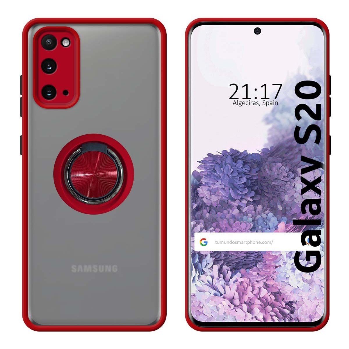Funda Mate con Borde Rojo y Anillo Giratorio 360 para Samsung Galaxy S20