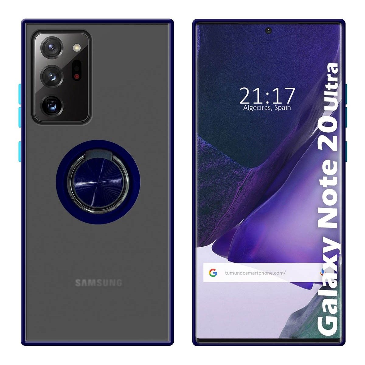 Funda Mate con Borde Azul y Anillo Giratorio 360 para Samsung Galaxy Note 20 Ultra