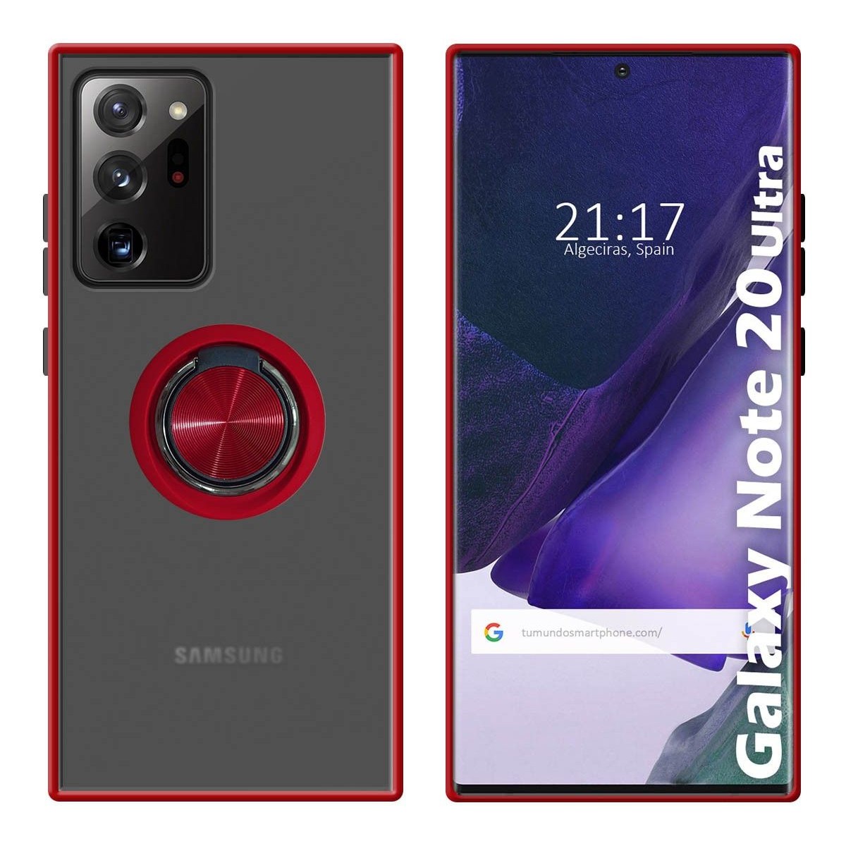 Funda Mate con Borde Rojo y Anillo Giratorio 360 para Samsung Galaxy Note 20 Ultra