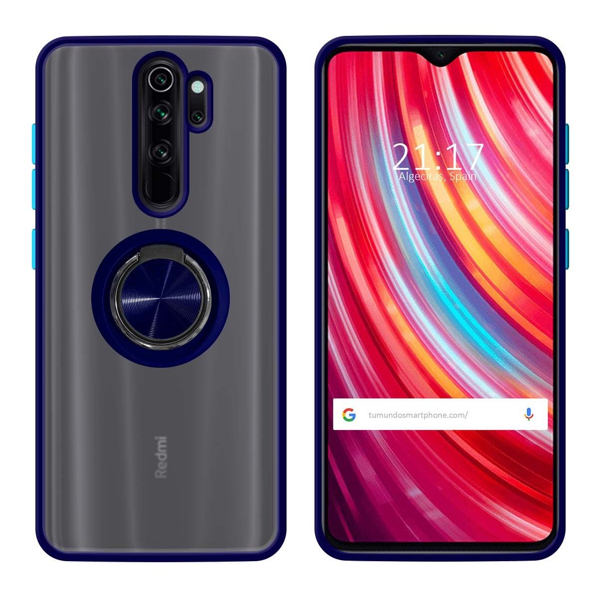 Funda Mate con Borde Azul y Anillo Giratorio 360 para Xiaomi Redmi Note 8 Pro
