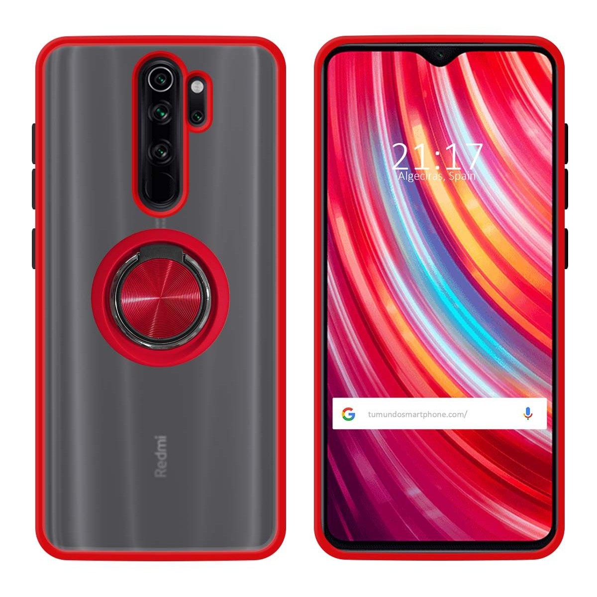 Funda Mate con Borde Rojo y Anillo Giratorio 360 para Xiaomi Redmi Note 8 Pro