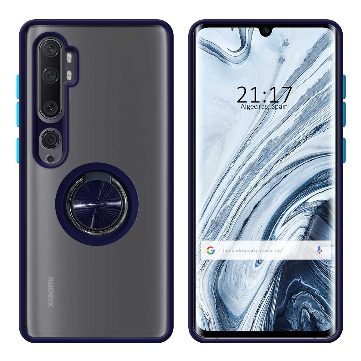 Funda Mate con Borde Azul y Anillo Giratorio 360 para Xiaomi Mi Note 10