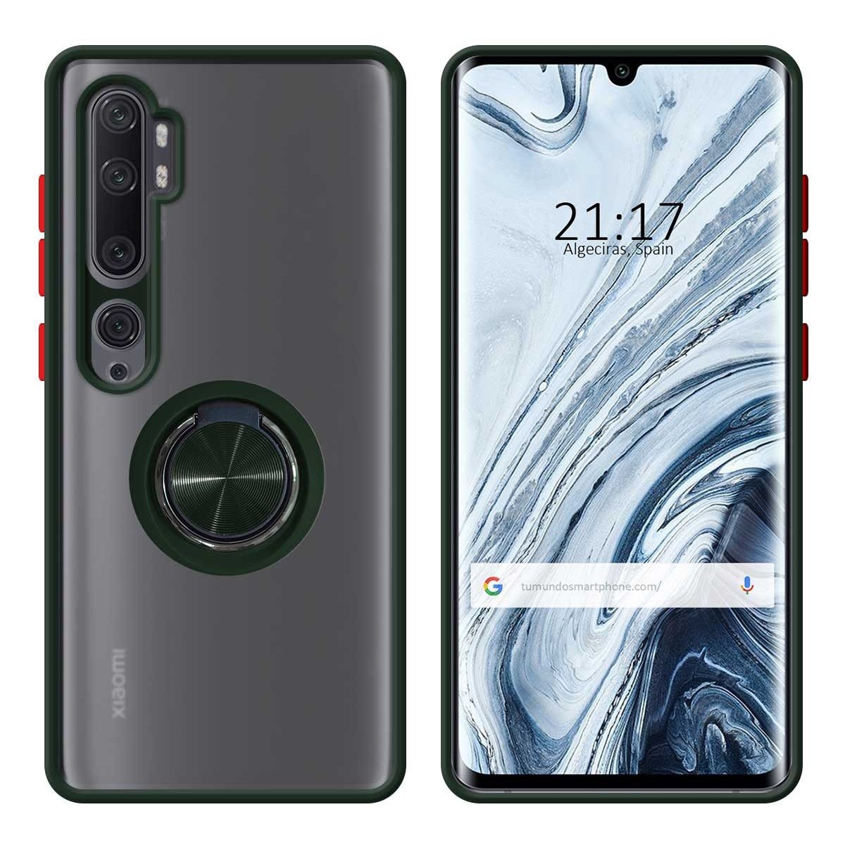 Funda Mate con Borde Verde y Anillo Giratorio 360 para Xiaomi Mi Note 10