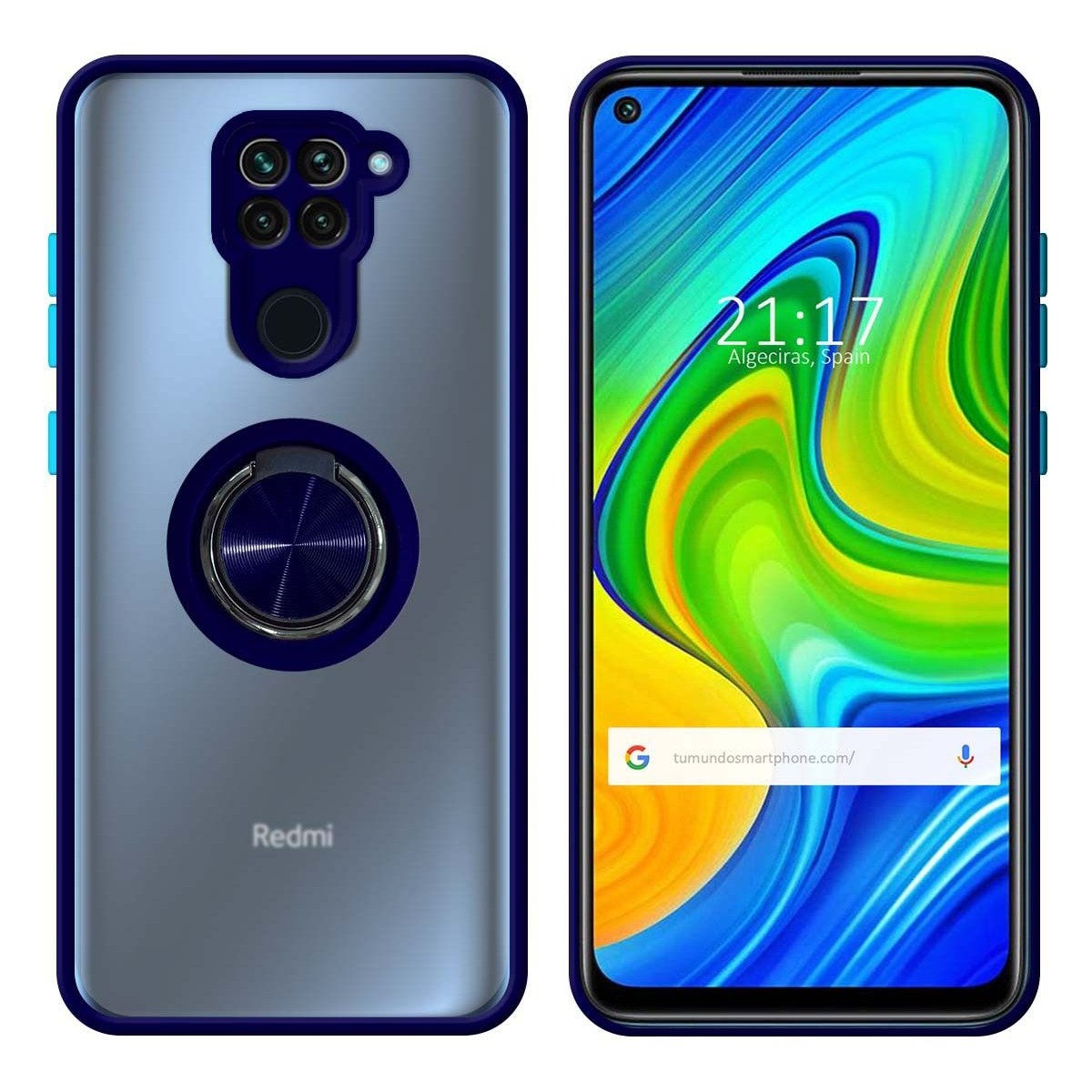 Funda Mate con Borde Azul y Anillo Giratorio 360 para Xiaomi Redmi Note 9