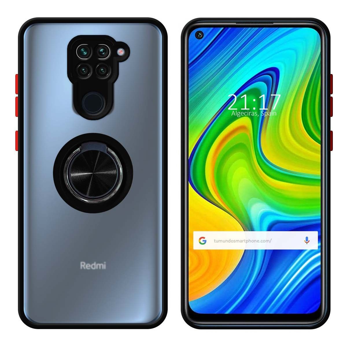 Funda Mate con Borde Negro y Anillo Giratorio 360 para Xiaomi Redmi Note 9