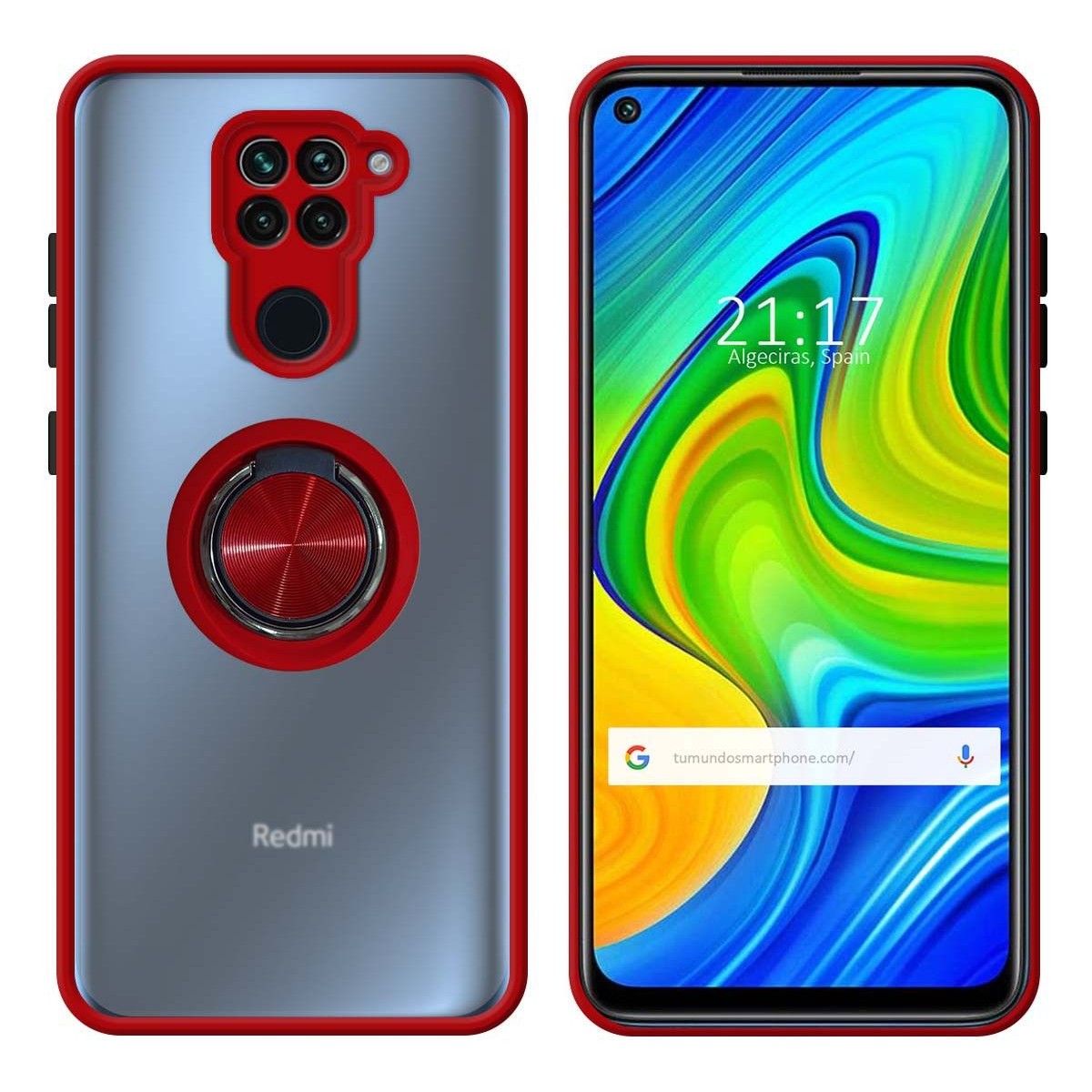 Funda Mate con Borde Rojo y Anillo Giratorio 360 para Xiaomi Redmi Note 9
