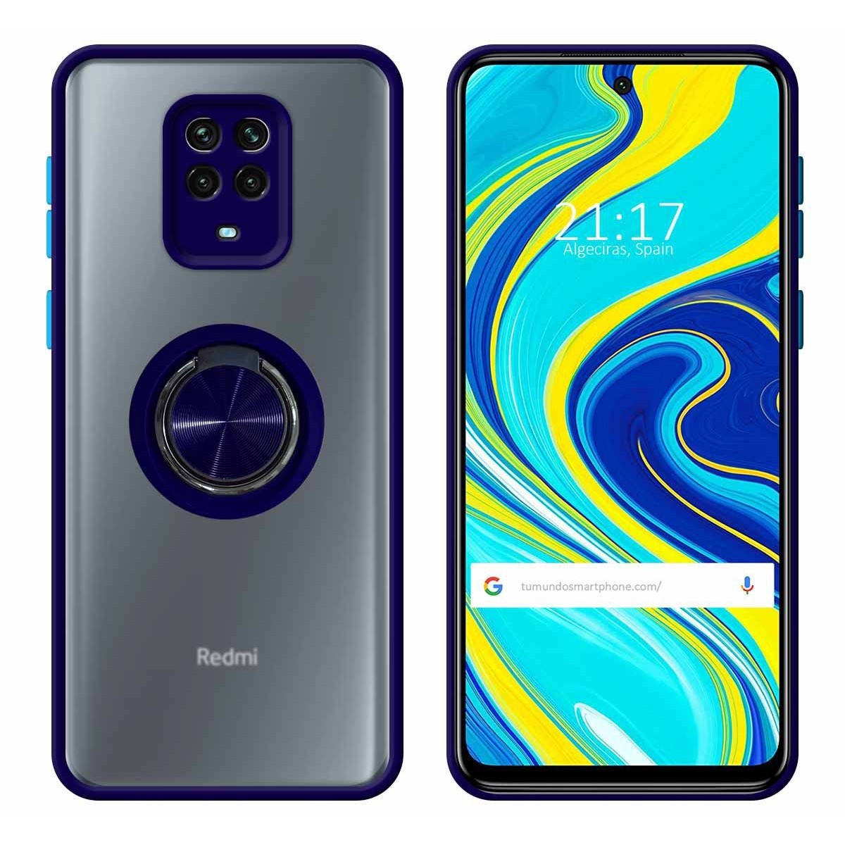 Funda Mate con Borde Azul y Anillo Giratorio 360 para Xiaomi Redmi Note 9s / Note 9 Pro