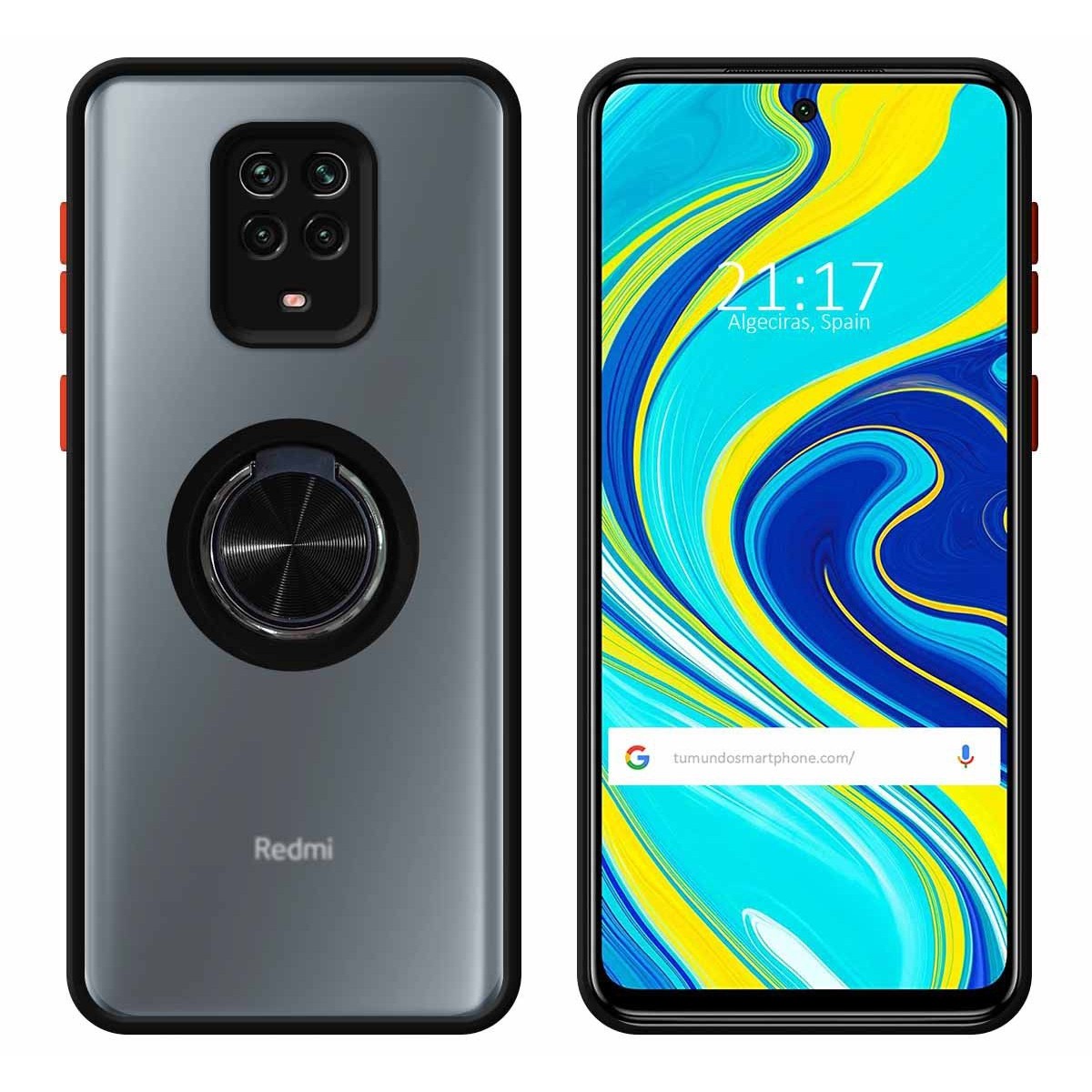 Funda Mate con Borde Negro y Anillo Giratorio 360 para Xiaomi Redmi Note 9s / Note 9 Pro