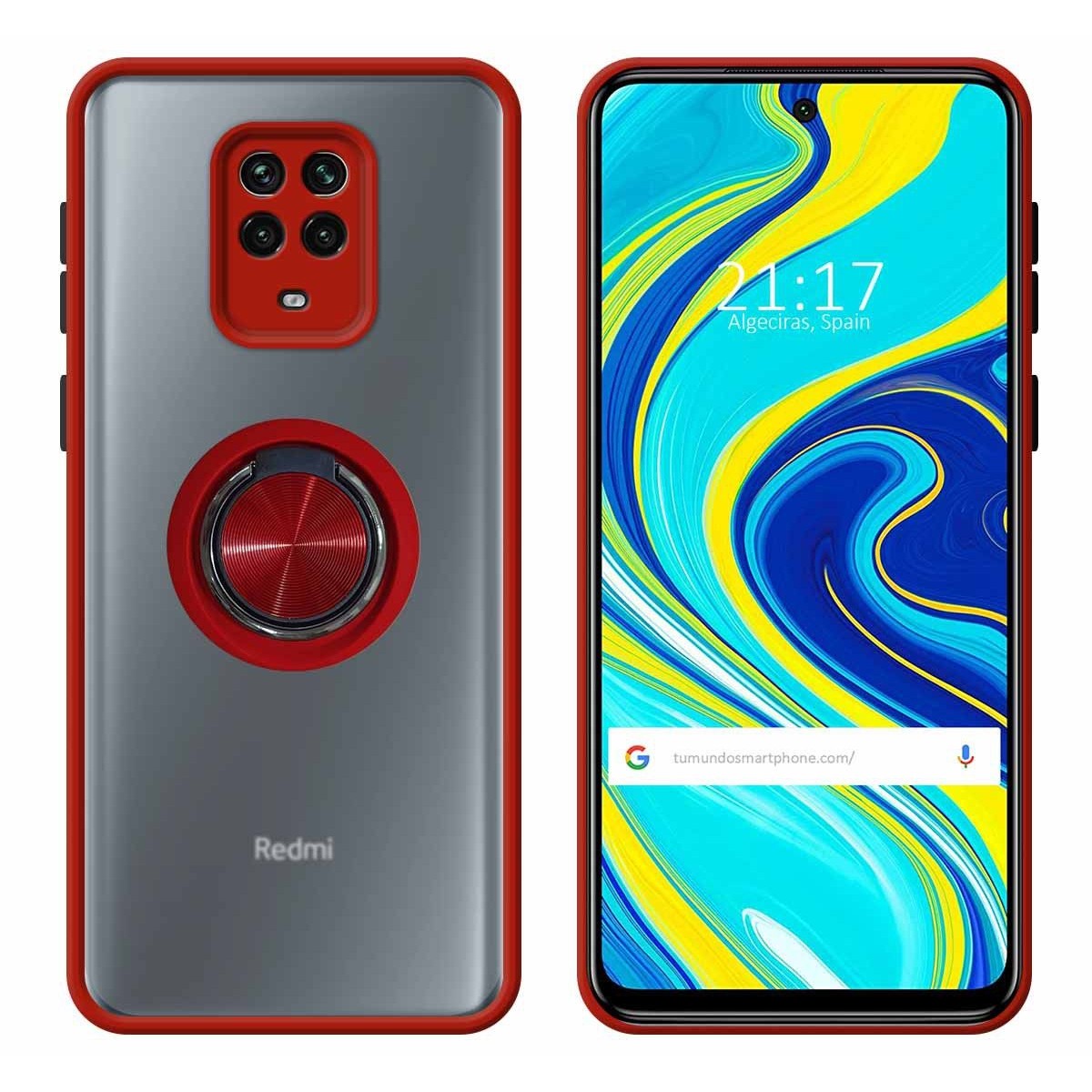 Funda Mate con Borde Rojo y Anillo Giratorio 360 para Xiaomi Redmi Note 9s / Note 9 Pro