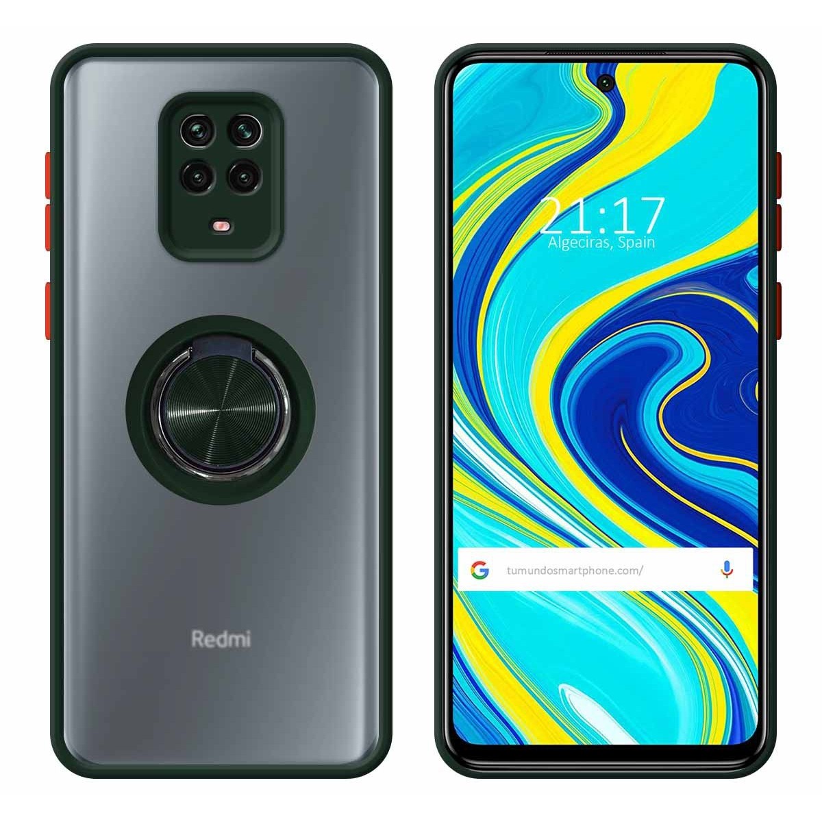 Funda Mate con Borde Verde y Anillo Giratorio 360 para Xiaomi Redmi Note 9s / Note 9 Pro