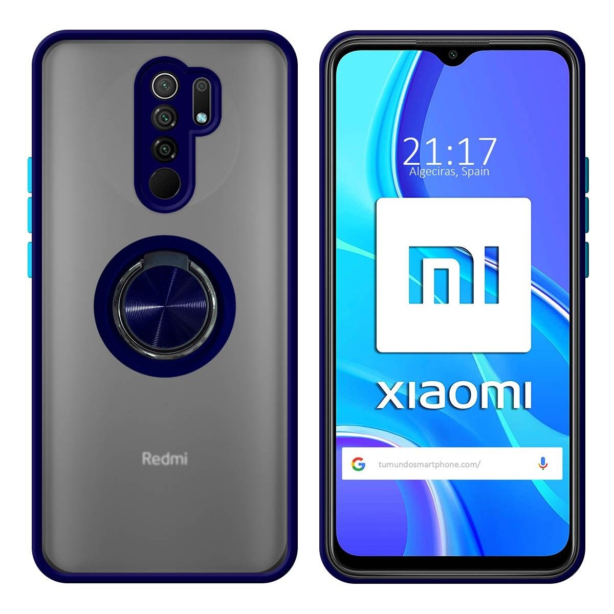 Funda Mate con Borde Azul y Anillo Giratorio 360 para Xiaomi Redmi 9