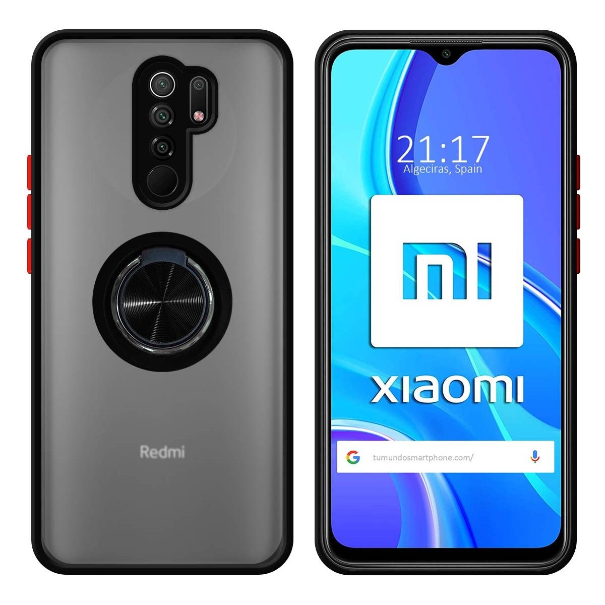 Funda Mate con Borde Negro y Anillo Giratorio 360 para Xiaomi Redmi 9