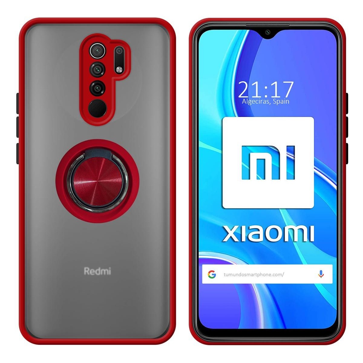 Funda Mate con Borde Rojo y Anillo Giratorio 360 para Xiaomi Redmi 9