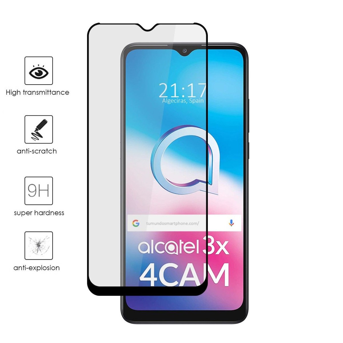 Protector Cristal Templado Completo 5D Full Glue Negro para Alcatel 3X 4CAM