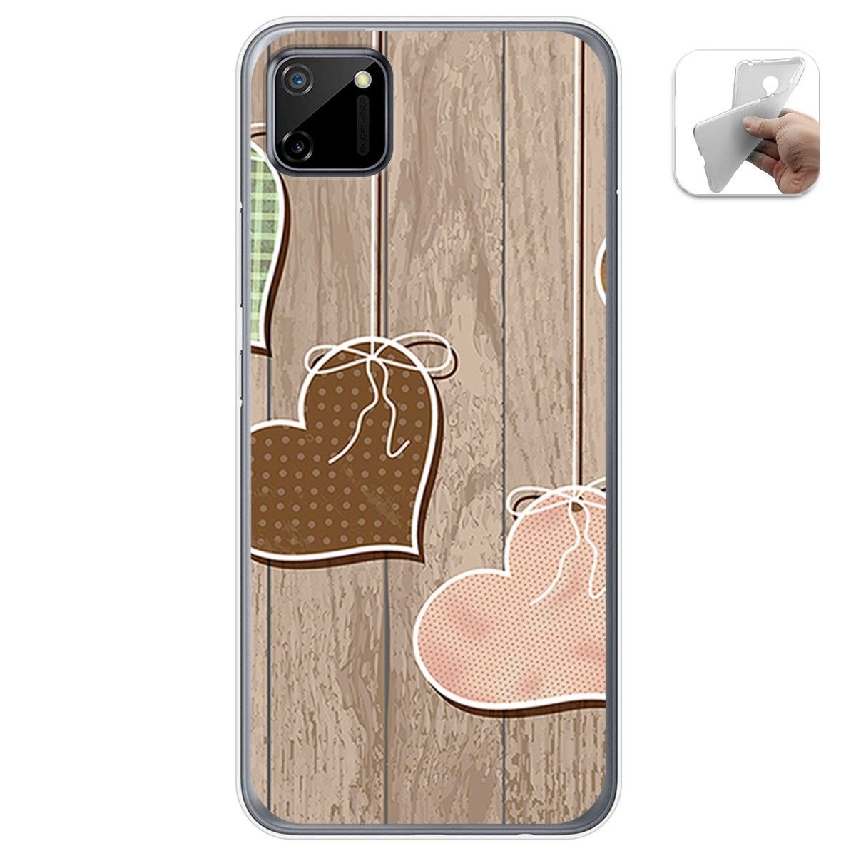 Funda Gel Tpu para Realme C11 diseño Corazones Madera Dibujos