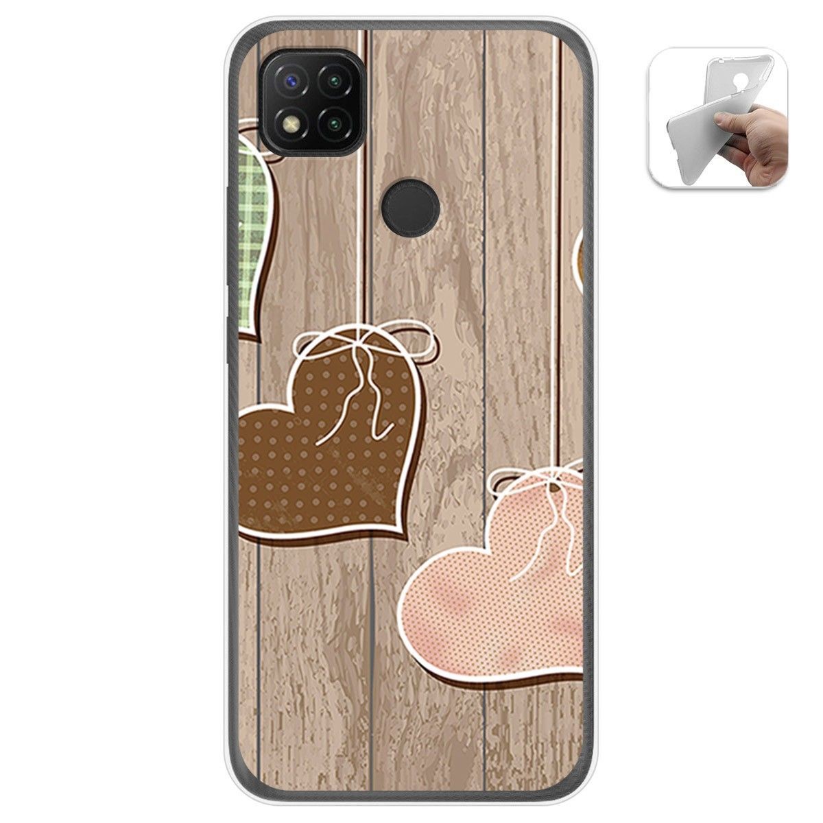 Funda Gel Tpu para Xiaomi Redmi 9C diseño Corazones Madera Dibujos