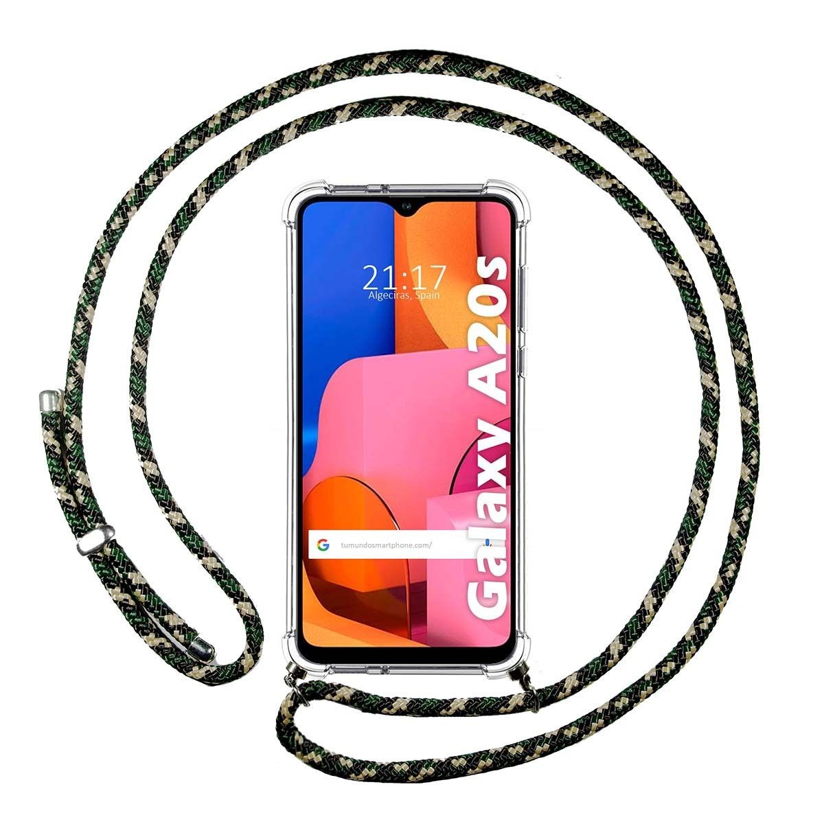 Funda Colgante Transparente para Samsung Galaxy A20s con Cordon Verde / Dorado