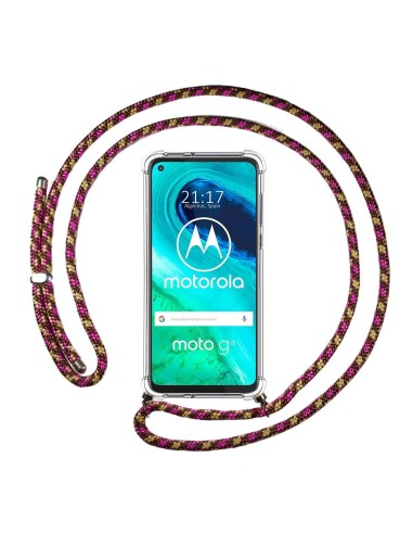 Funda Colgante Transparente para Motorola Moto G8 con Cordon Rosa / Dorado