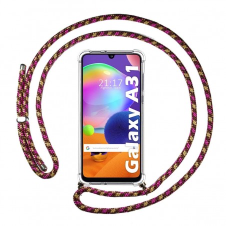 Funda Colgante Transparente para Samsung Galaxy A31 con Cordon Rosa / Dorado