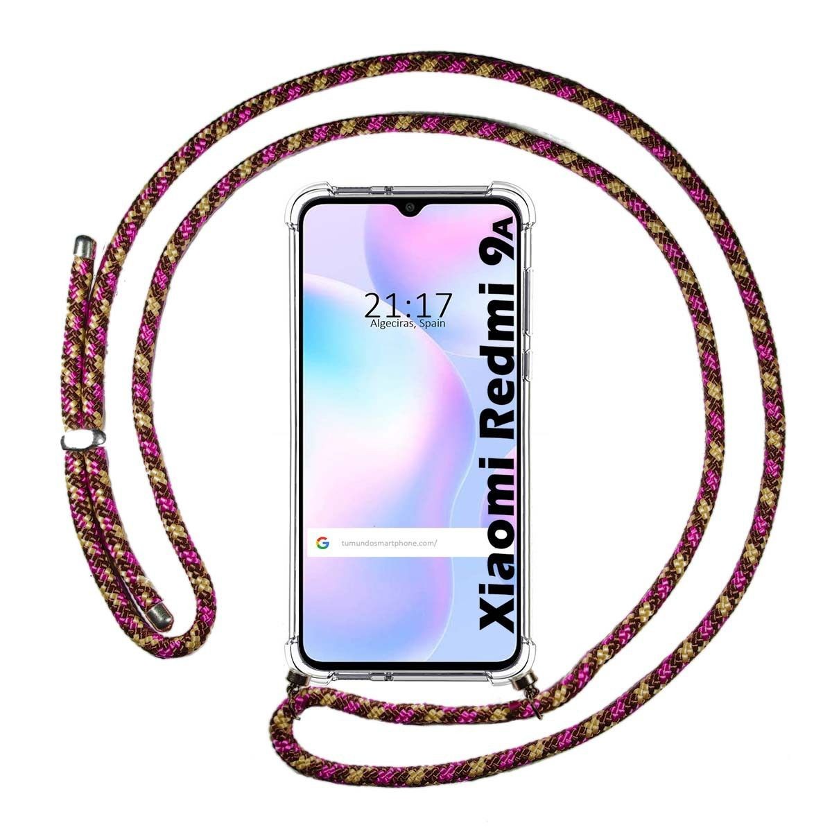 Funda Colgante Transparente para Xiaomi Redmi 9A / 9AT con Cordon Rosa / Dorado