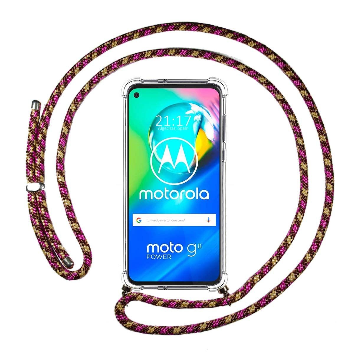 Funda Colgante Transparente para Motorola Moto G8 Power con Cordon Rosa / Dorado