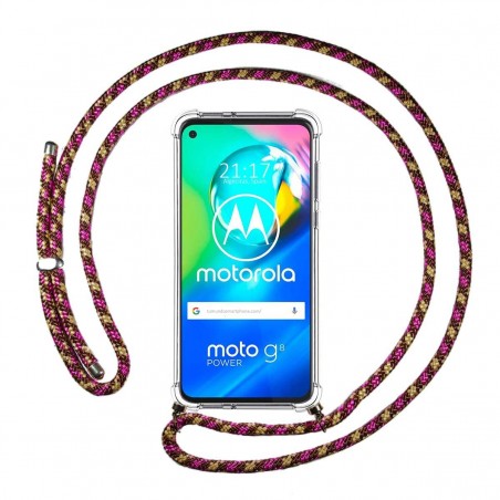 Funda Colgante Transparente para Motorola Moto G8 Power con Cordon Rosa / Dorado
