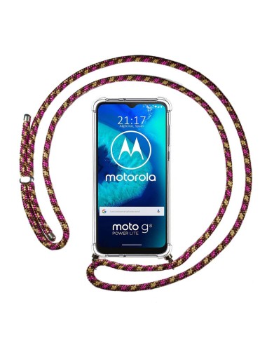 Funda Colgante Transparente para Motorola Moto G8 Power Lite con Cordon Rosa / Dorado