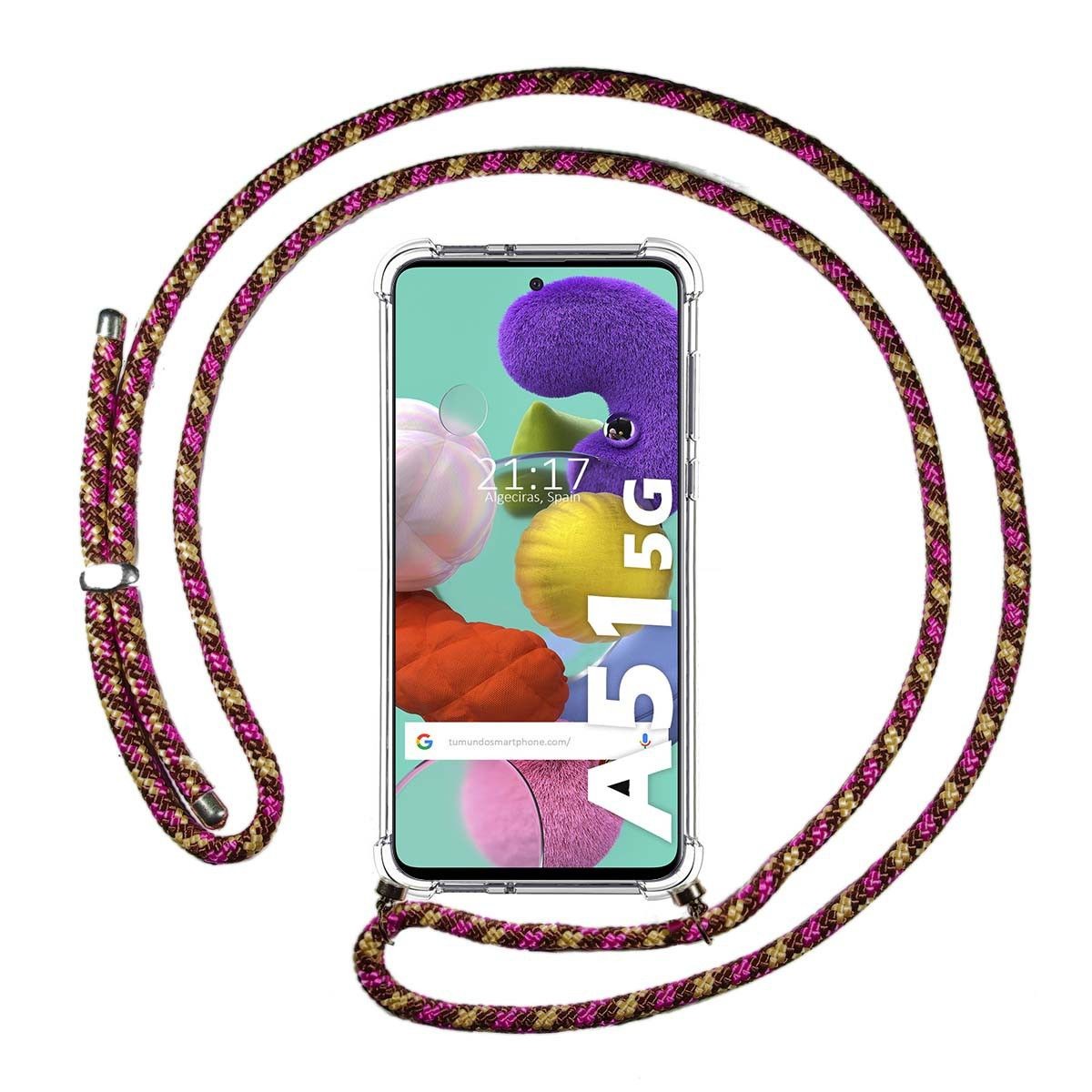 Funda Colgante Transparente para Samsung Galaxy A51 5G con Cordon Rosa / Dorado