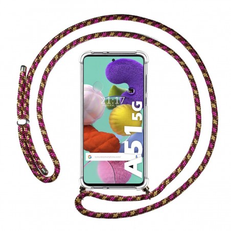 Funda Colgante Transparente para Samsung Galaxy A51 5G con Cordon Rosa / Dorado