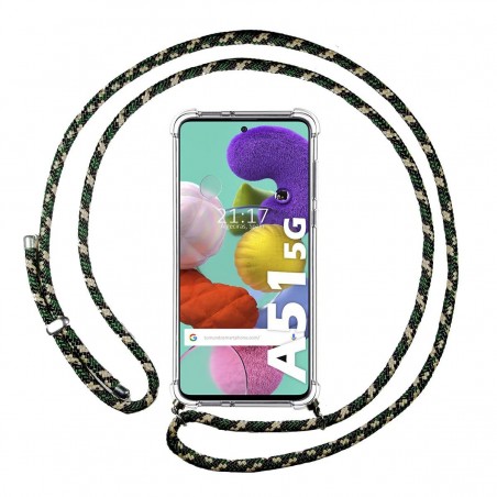 Funda Colgante Transparente para Samsung Galaxy A51 5G con Cordon Verde / Dorado