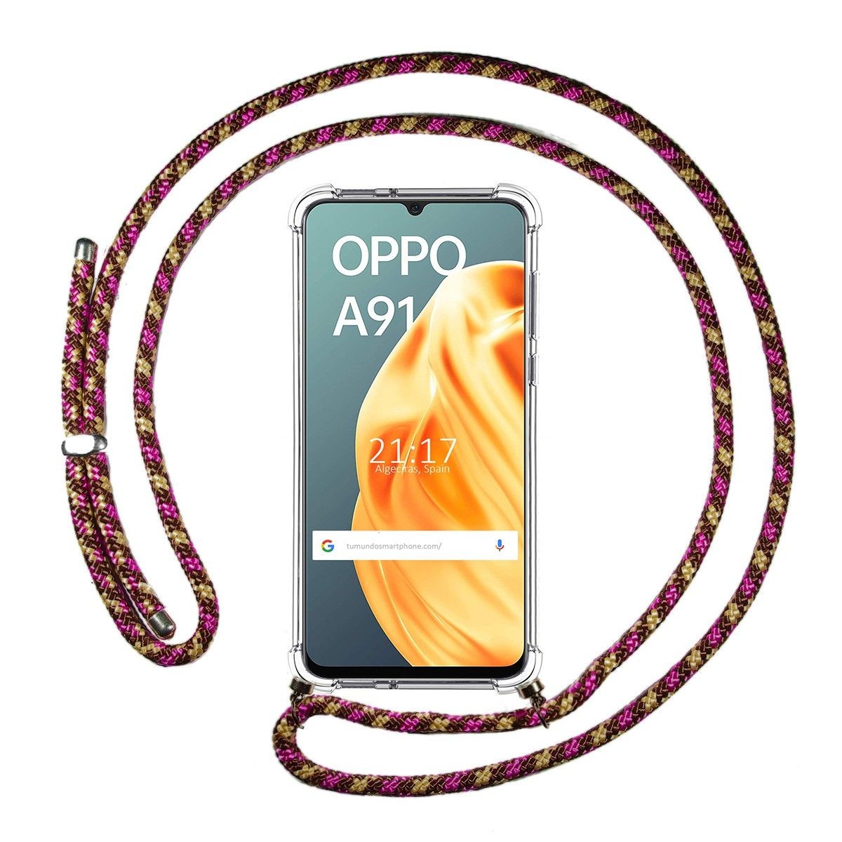 Funda Colgante Transparente para Oppo A91 con Cordon Rosa / Dorado
