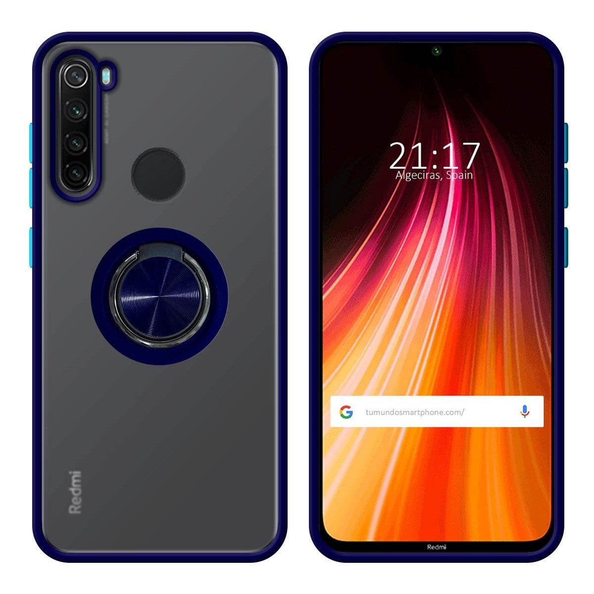 Funda Mate con Borde Azul y Anillo Giratorio 360 para Xiaomi Redmi Note 8T