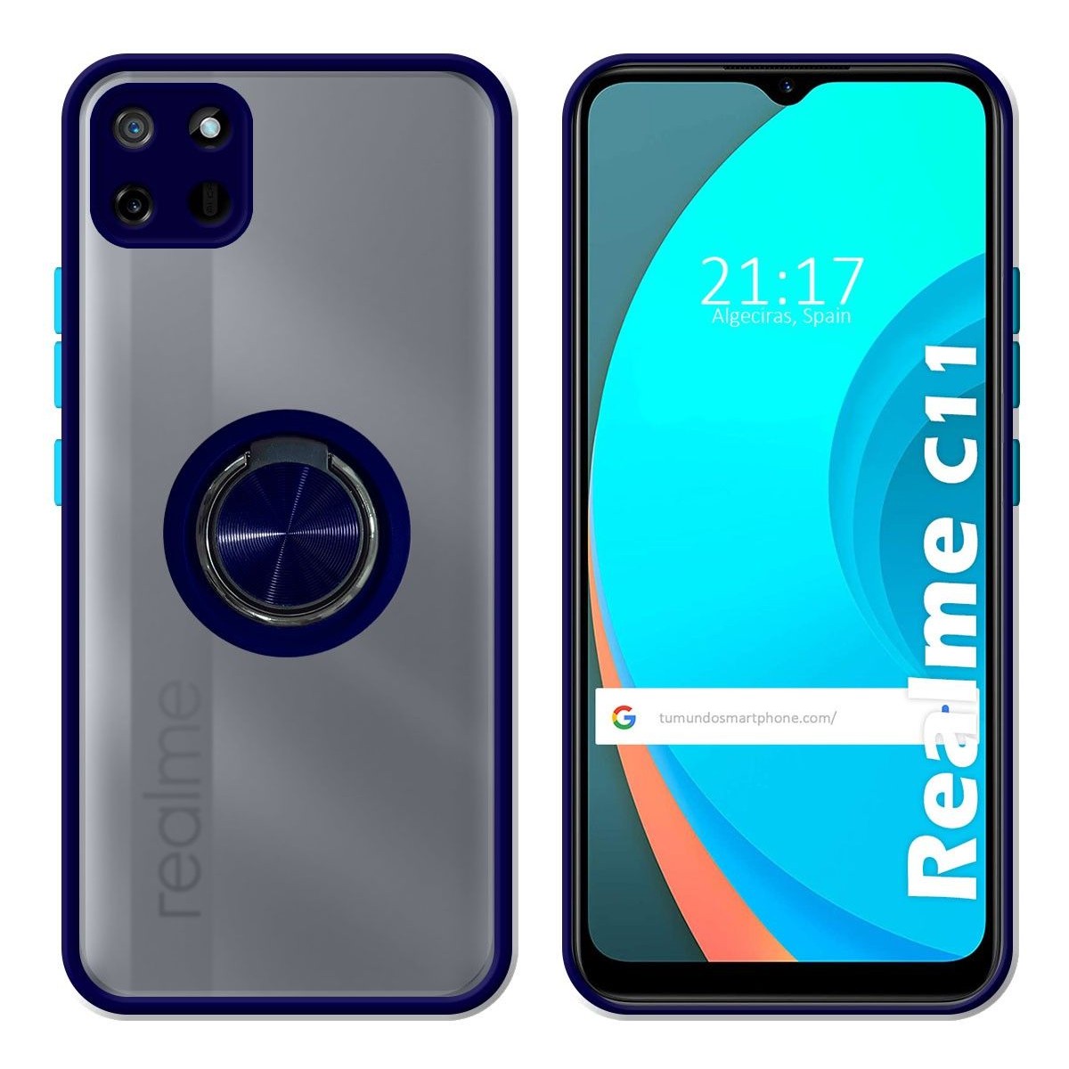 Funda Mate con Borde Azul y Anillo Giratorio 360 para Realme C11