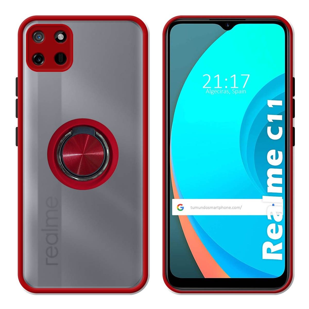 Funda Mate con Borde Rojo y Anillo Giratorio 360 para Realme C11