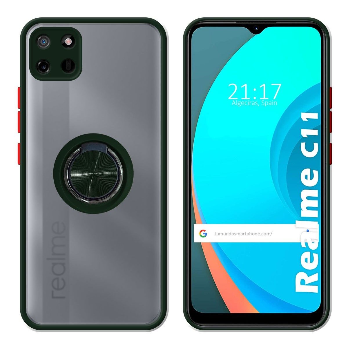 Funda Mate con Borde Verde y Anillo Giratorio 360 para Realme C11