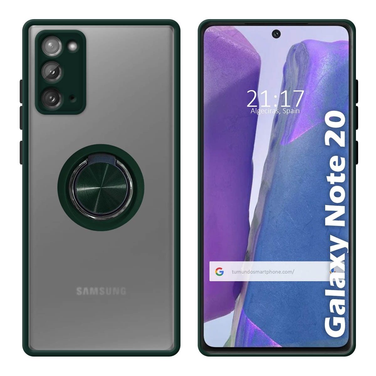 Funda Mate con Borde Verde y Anillo Giratorio 360 para Samsung Galaxy Note 20