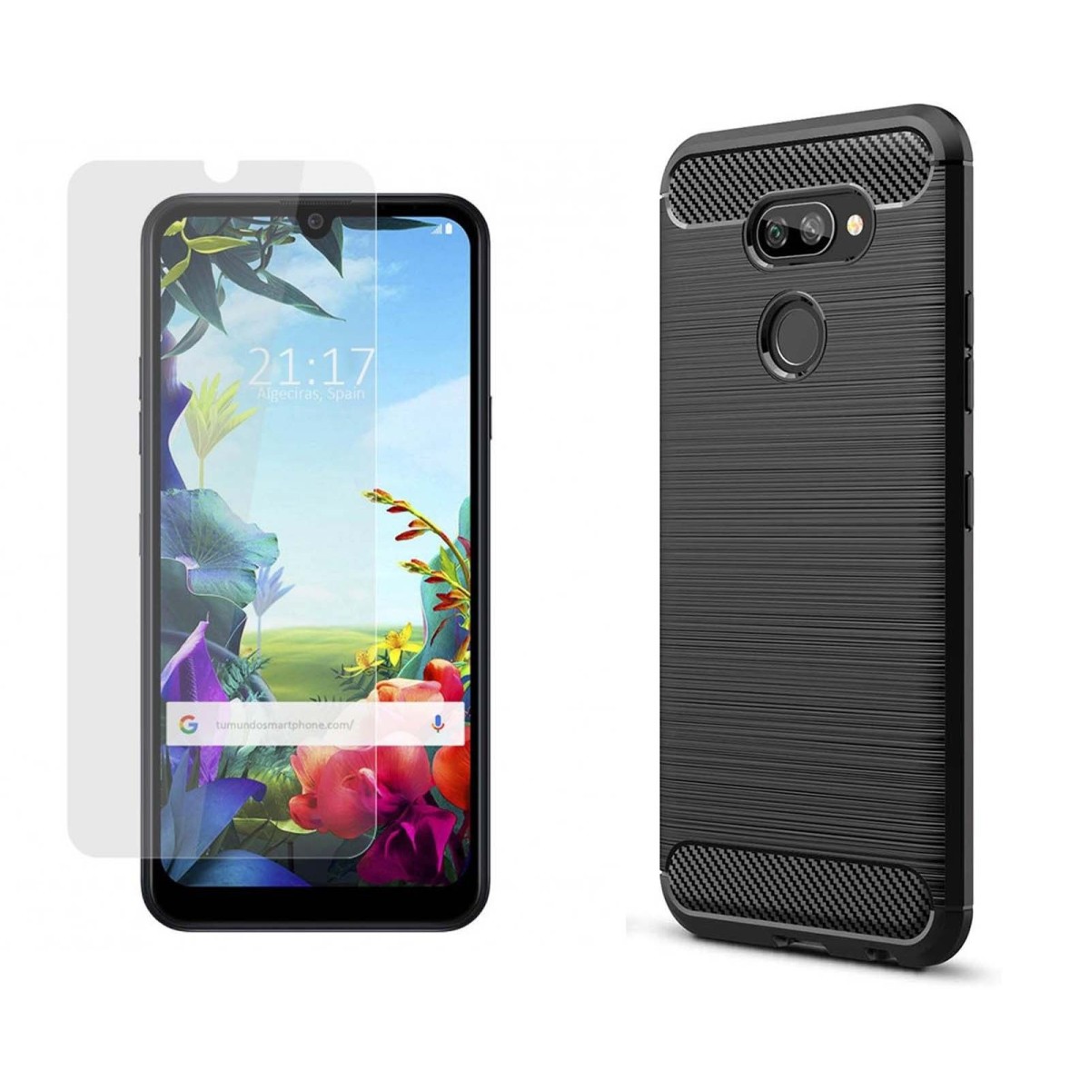 Pack 2 En 1 Funda Gel Tipo Carbono + Protector Cristal Templado para Lg K40S
