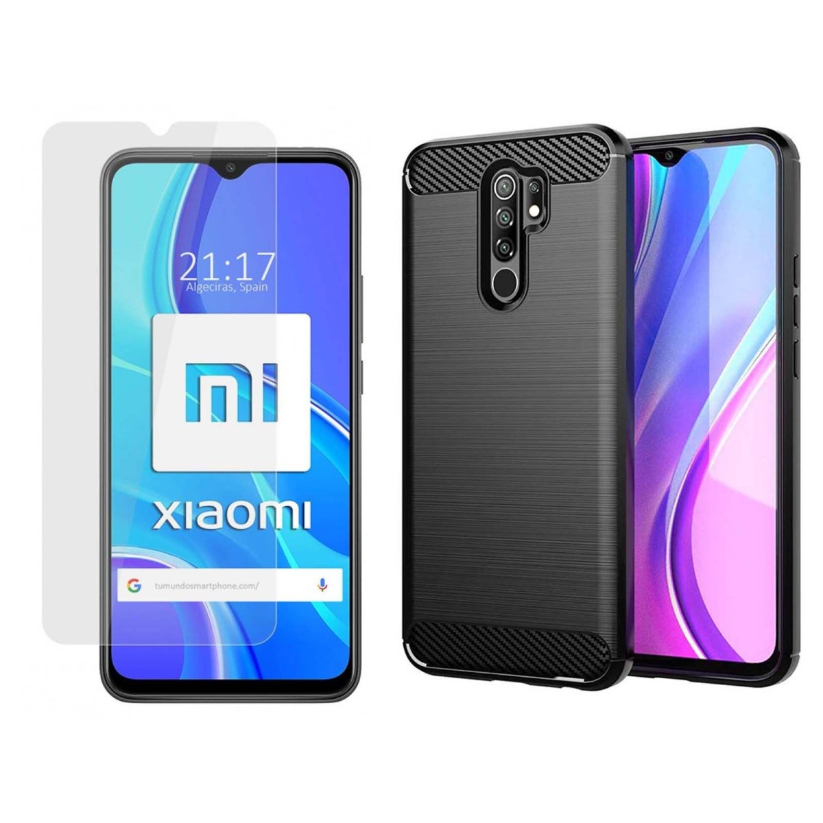 Pack 2 En 1 Funda Gel Tipo Carbono + Protector Cristal Templado para Xiaomi Redmi 9