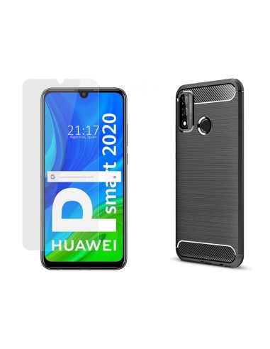 Pack 2 En 1 Funda Gel Tipo Carbono + Protector Cristal Templado para Huawei P Smart 2020