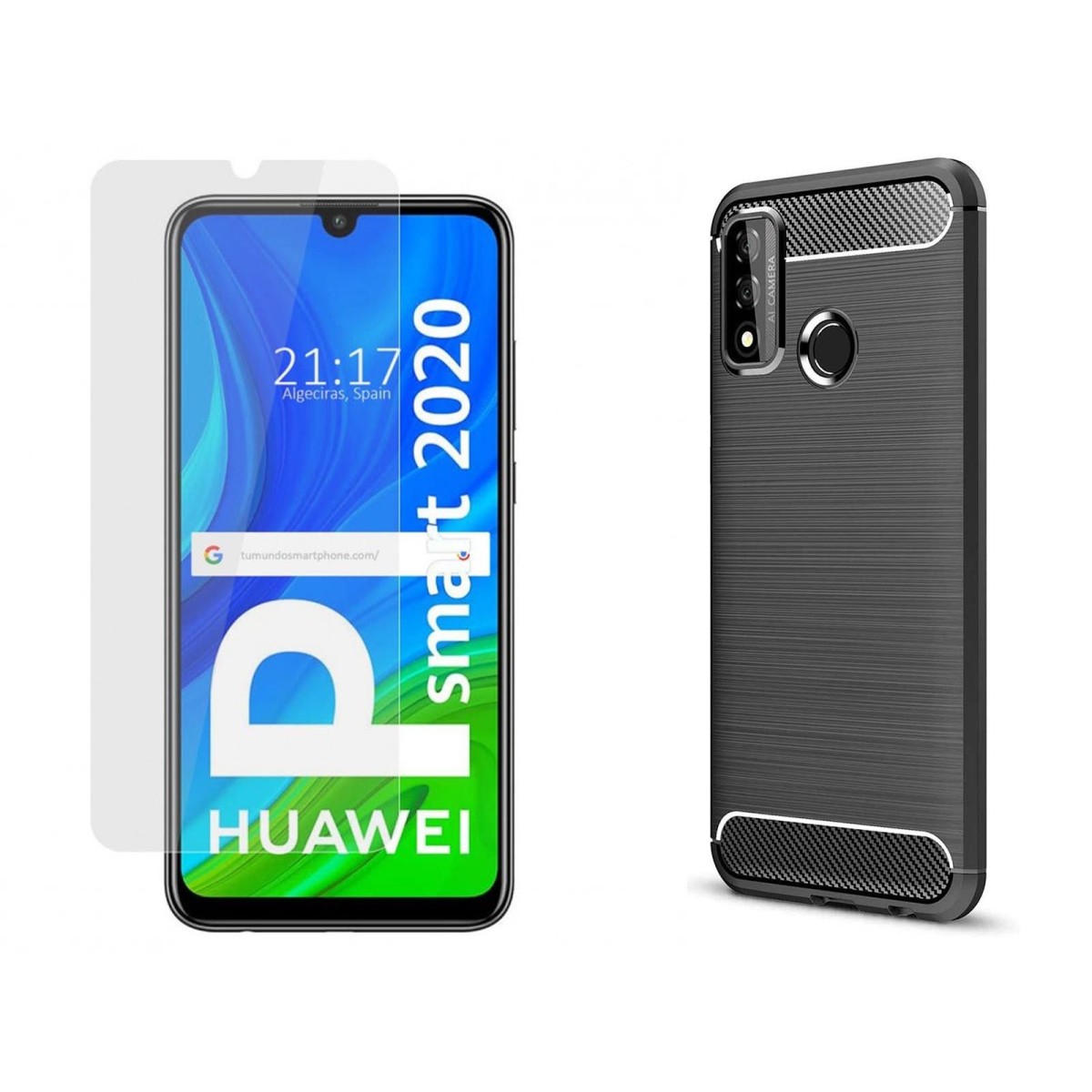 Pack 2 En 1 Funda Gel Tipo Carbono + Protector Cristal Templado para Huawei P Smart 2020