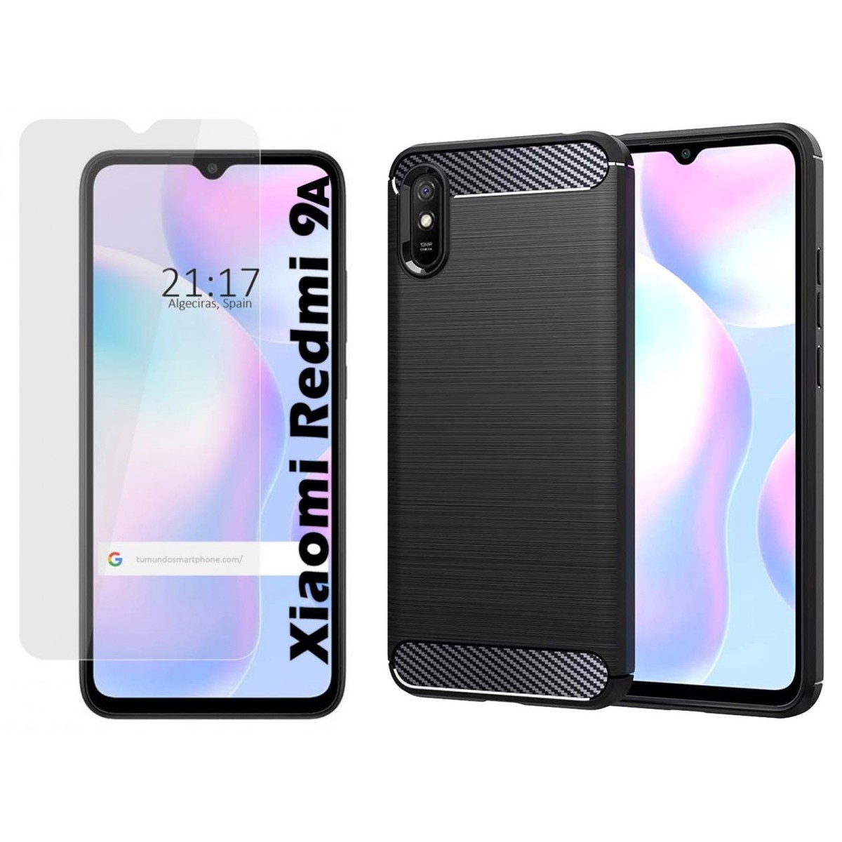 Pack 2 En 1 Funda Gel Tipo Carbono + Protector Cristal Templado para Xiaomi Redmi 9A / 9AT