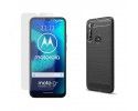 Pack 2 En 1 Funda Gel Tipo Carbono + Protector Cristal Templado para Motorola Moto G8 Power